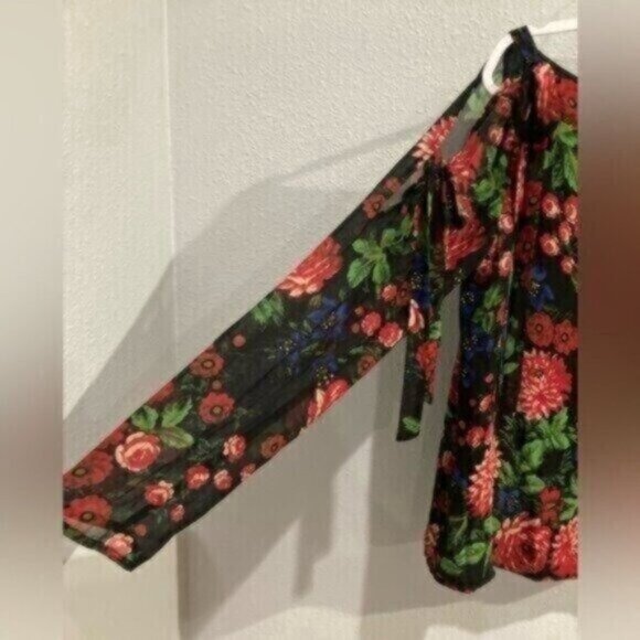 Club Monaco Silk Floral Top Contemporary Ruffle Office Boho Colorful - Picture 2 of 6